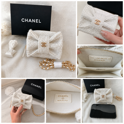 PREORDER DEPOSIT PAYMENT ONLY- White Tweed Bow Cardholder With Chain GWP