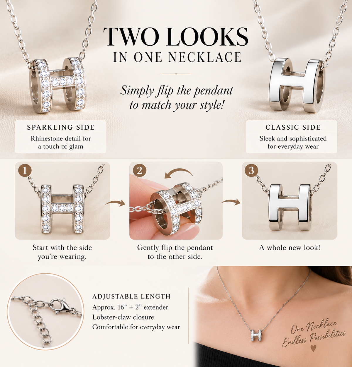 👑Reversible H Pendant Necklace – Stainless Steel | Silver & Rhinestone 2-in-1