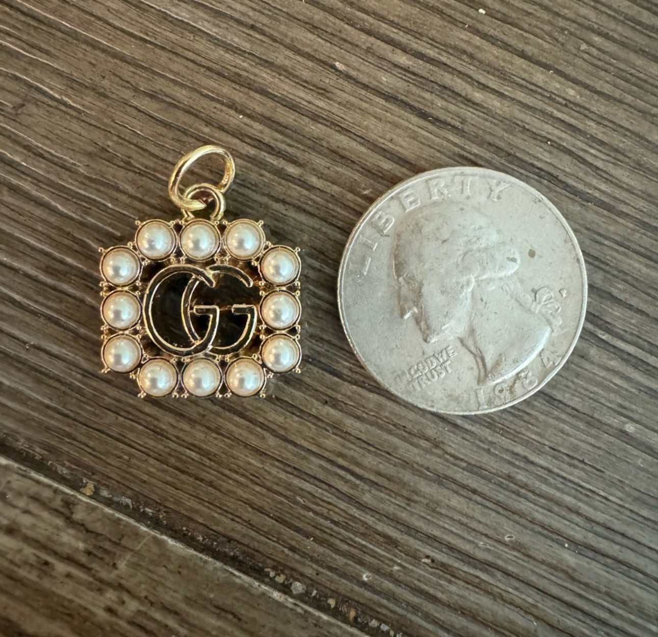 Gucci "GG" charm/zipper pull, gold tone, faux pearls, stamped Gucci - Clairely Amazing
