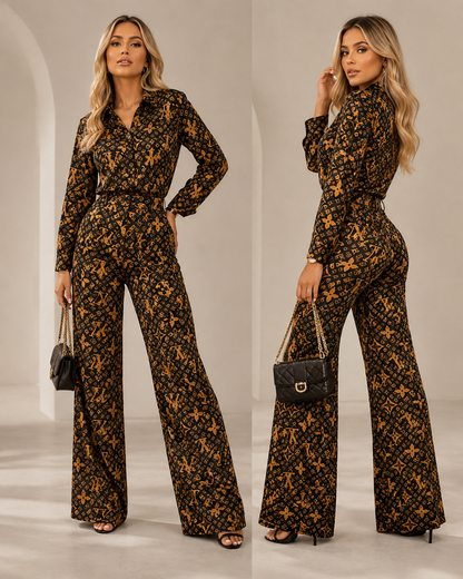 Brown & Mustard Monogram-Inspired Two-Piece Pant Set