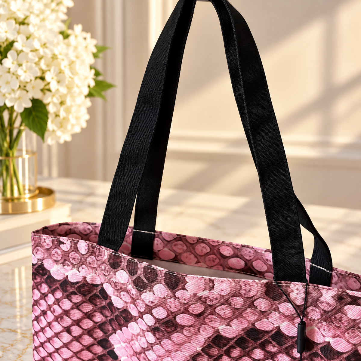 Prada GWP Pink Snakeskin-Print Tote Bag | Black Shoulder Straps