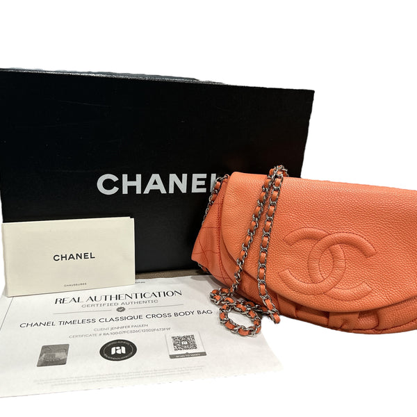 Chanel CORAL Caviar Leather Half Moon Wallet On Chain - Clairely Amazing