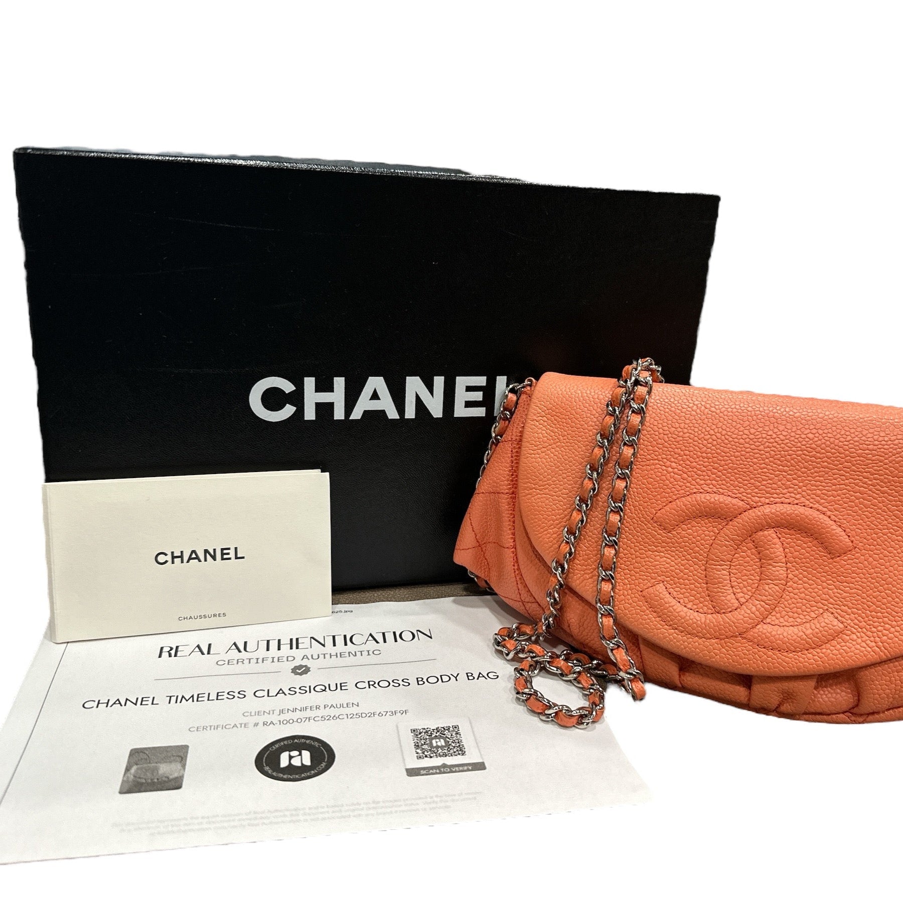 Chanel CORAL Caviar Leather Half Moon Wallet On Chain - Clairely Amazing