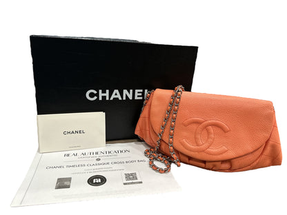 Chanel CORAL Caviar Leather Half Moon Wallet On Chain - Clairely Amazing