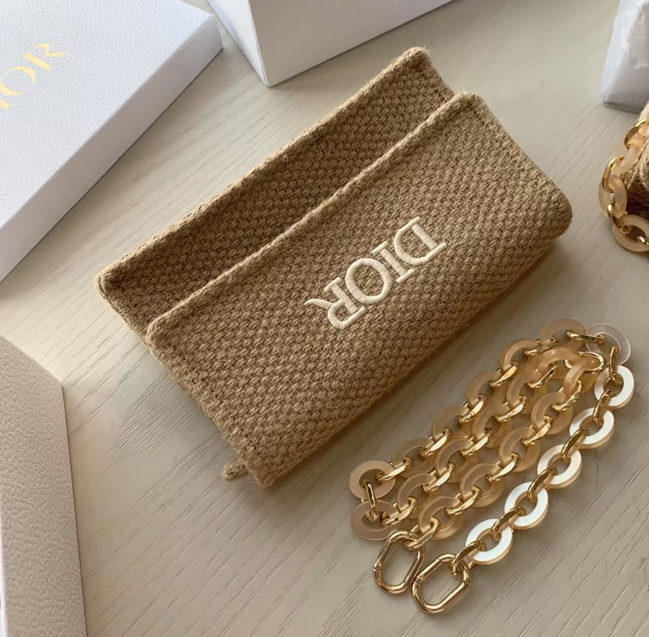 Dior Raffia Straw Shoulder Bag – Acrylic Chain Strap | GWP Edition