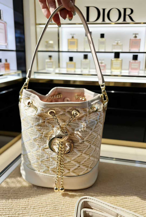 Woven Leather Bucket Bag with Chain Detail