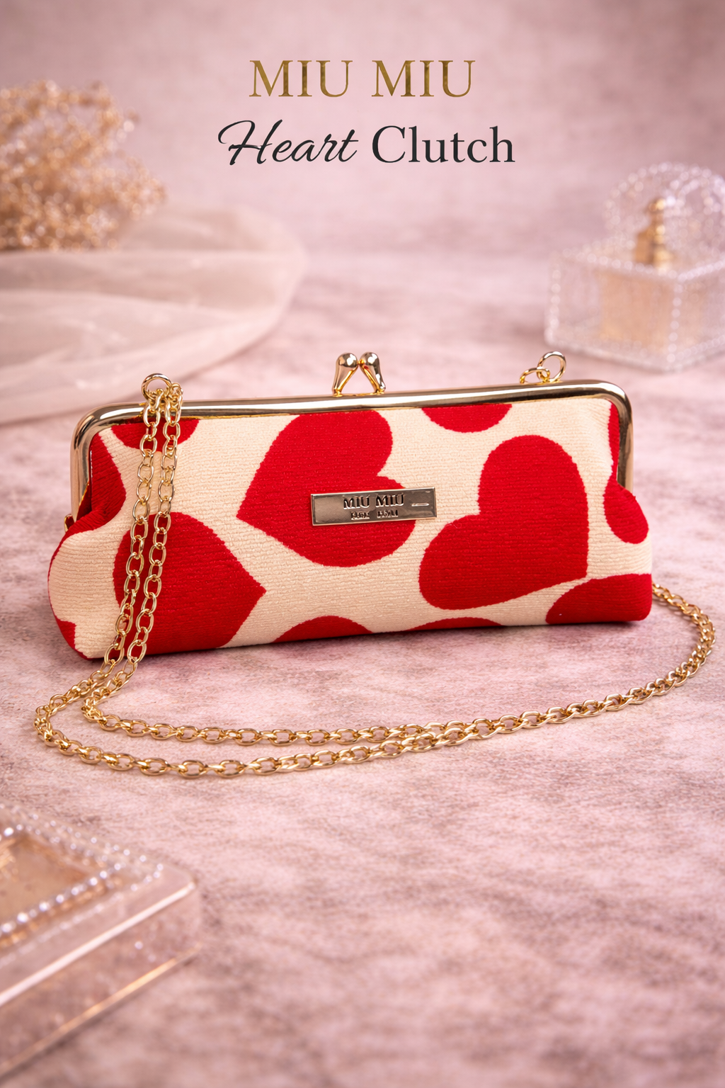 Miu Miu Heart Clutch Crossbody – GWP Edition (With Gold Chain + Box)