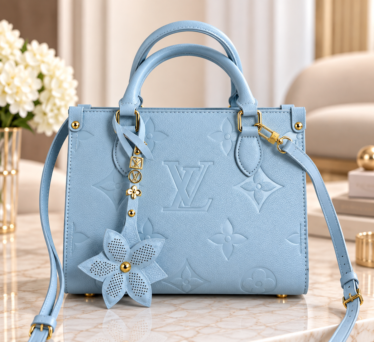 Embossed Floral Fashion Tote with Charm & Shoulder Strap