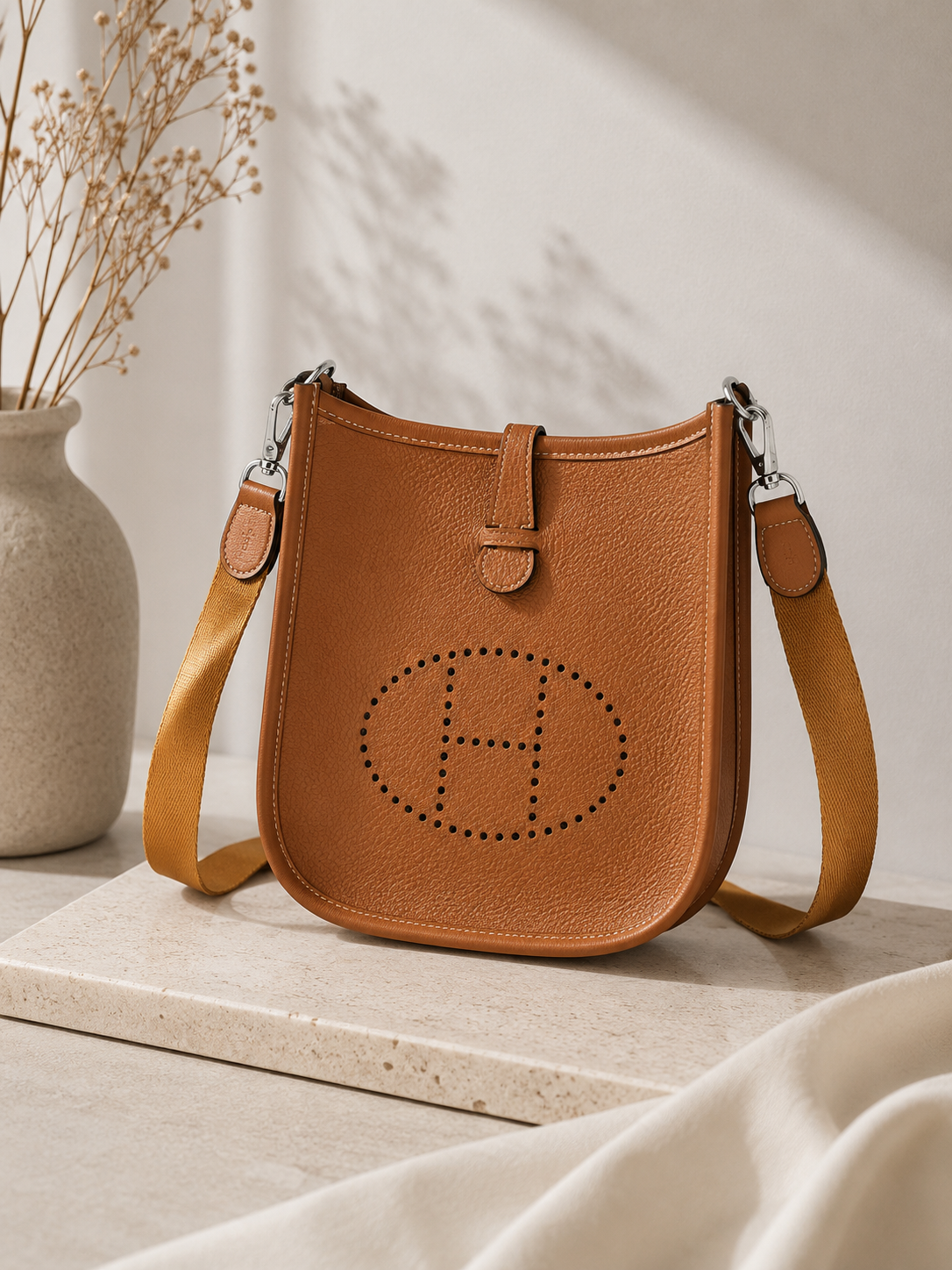 Fashion Inspired Perforated Mini Crossbody Bag | Camel Brown