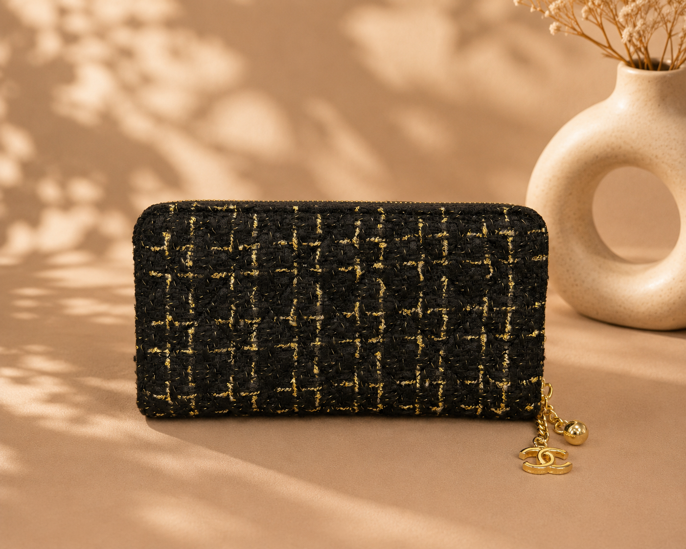 Fashion Black & Gold Tweed Zip Around Wallet