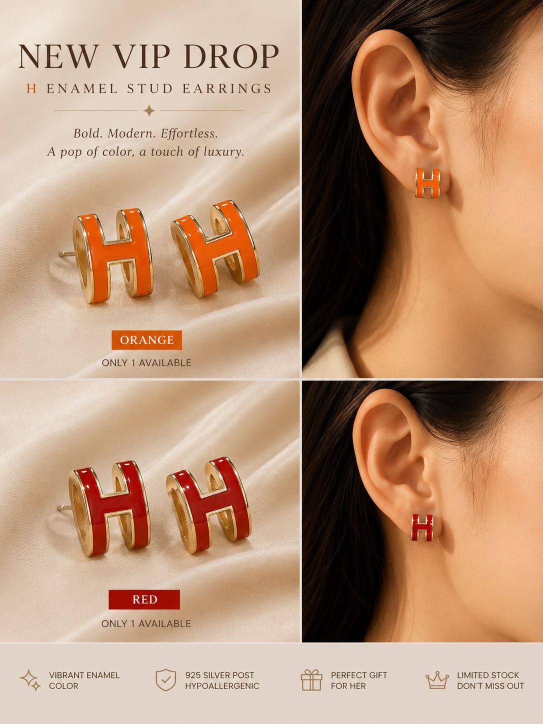 H enamel stud earrings 🤍   Available in ORANGE 🍊 and RED ❤️