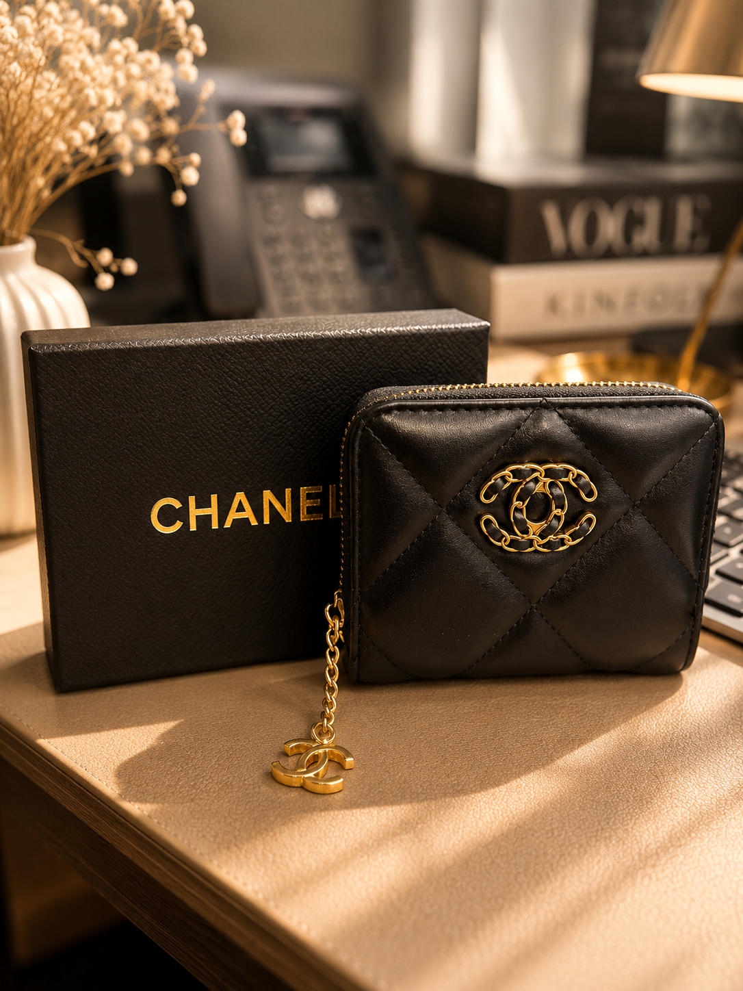 Fashion Luxury-Inspired Quilted Compact Zip Wallet with Gift Box