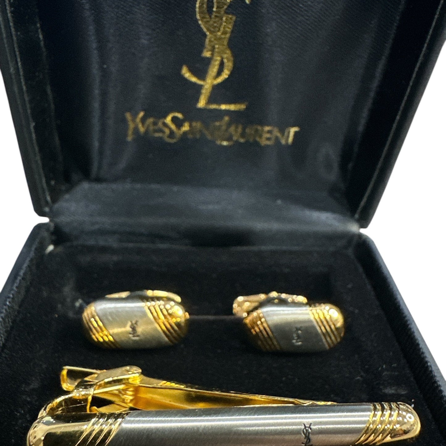 Yves Saint Laurent Vintage Two-Tone Logo Cufflink and Tie Pin Set - Clairely Amazing