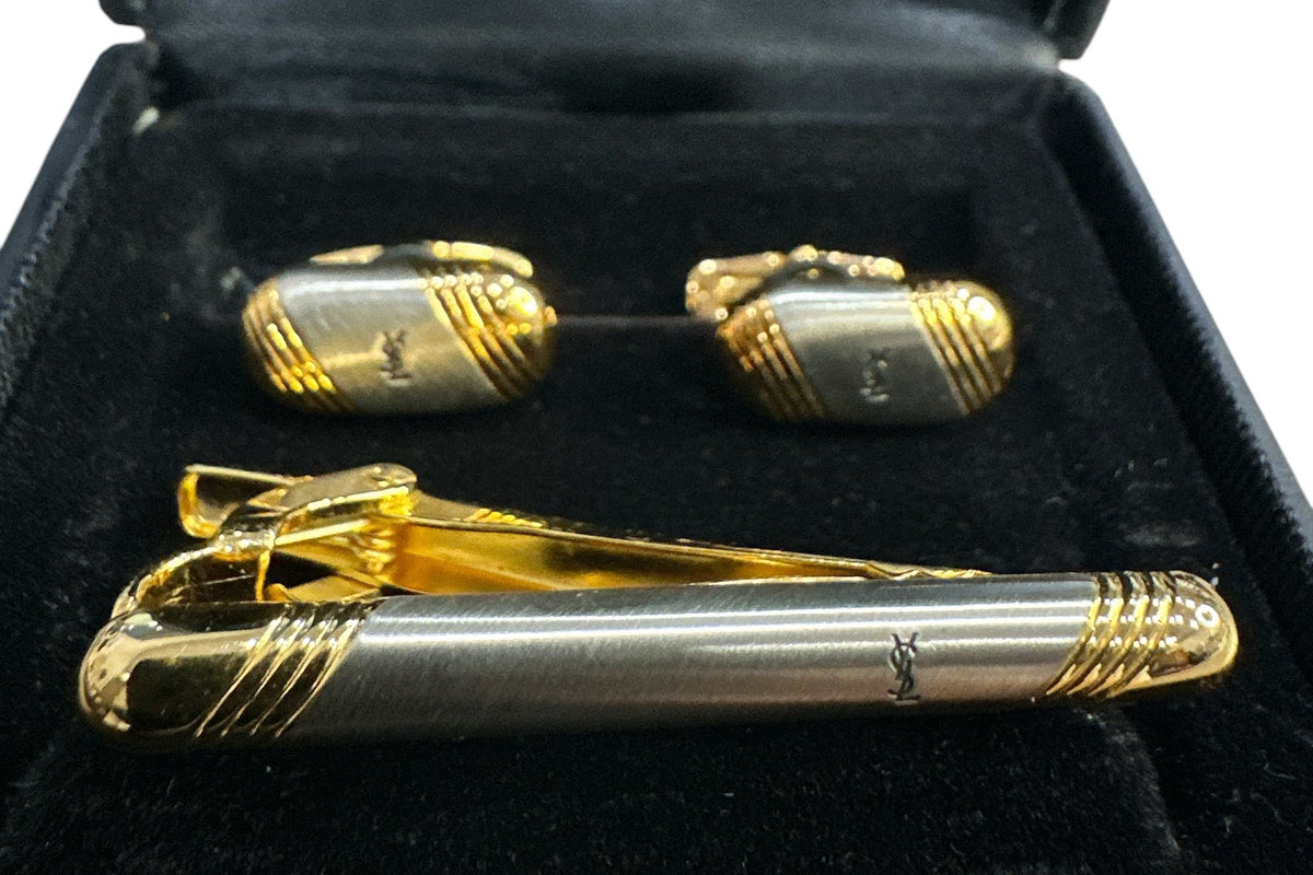 Yves Saint Laurent Vintage Two-Tone Logo Cufflink and Tie Pin Set - Clairely Amazing