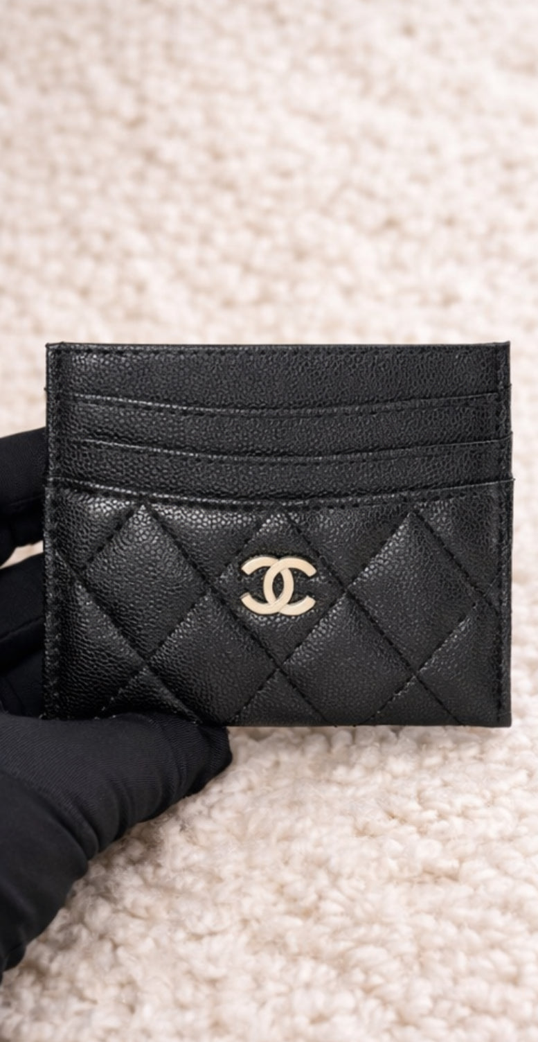 Quilted Leather Card Holder – Black/Gold