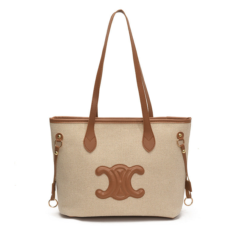 Fashion Monogram Canvas Tote Bag with Brown Trim & Shoulder Straps