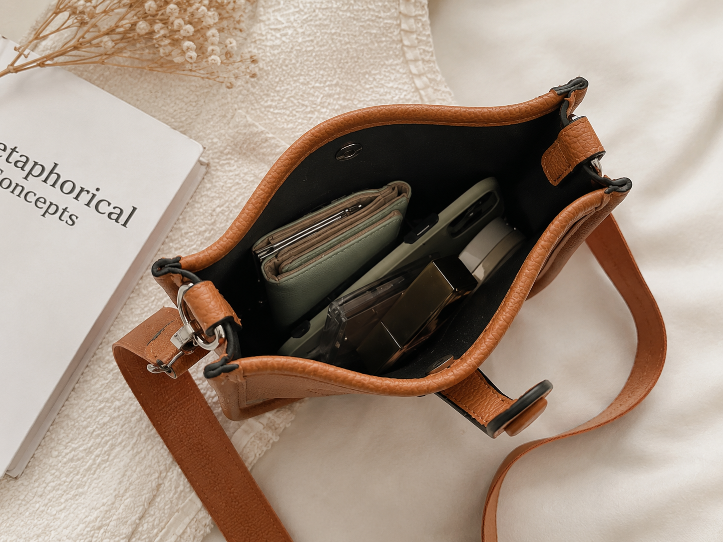 Fashion Inspired Perforated Mini Crossbody Bag | Camel Brown