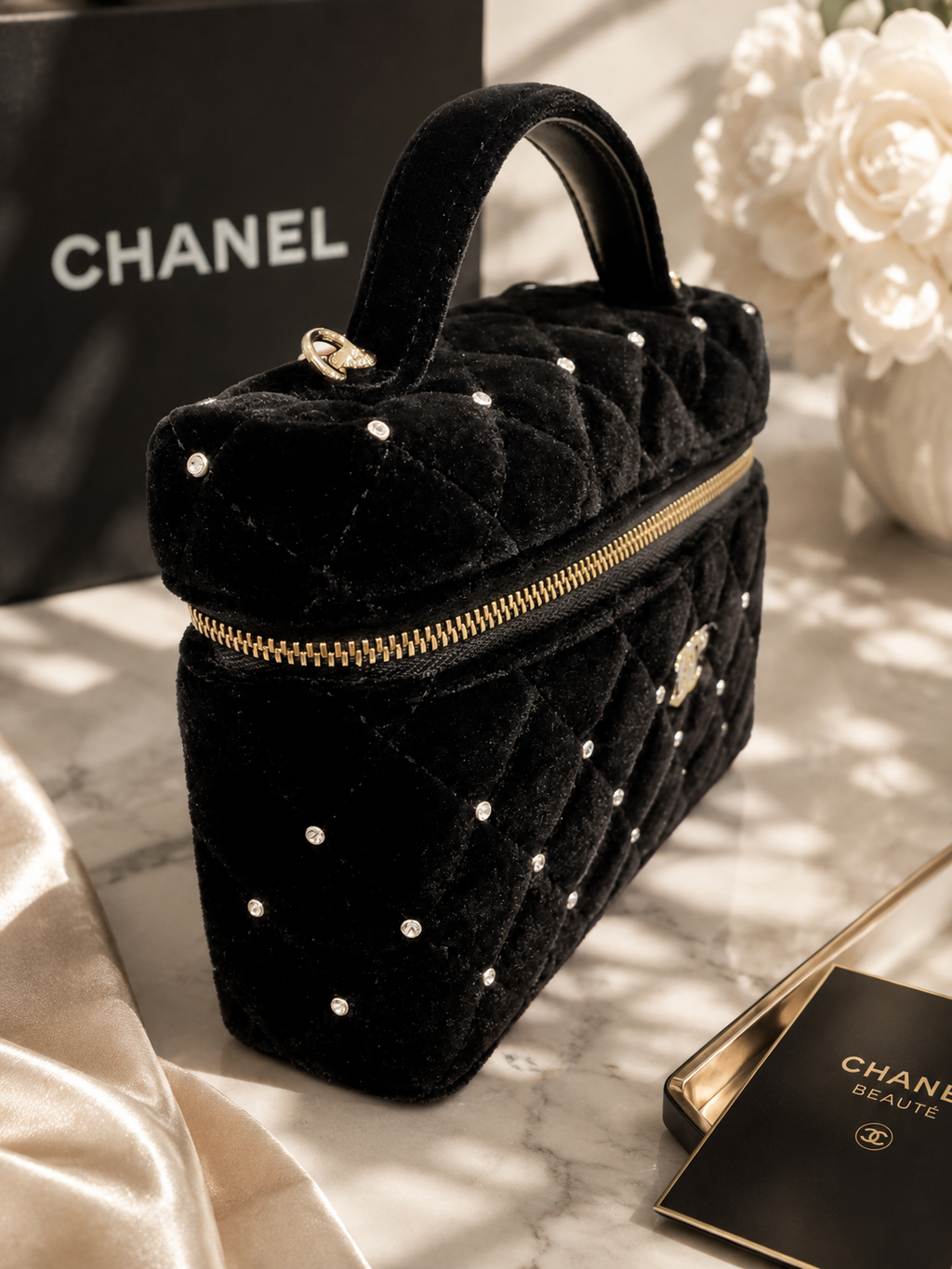 Chanel Beauty Velvet Rhinestone Vanity Crossbody Bag – Black (GWP)