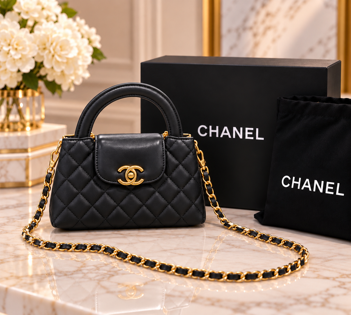 👑 Fashion Quilted Mini Top Handle & Shoulder Bag | Black & Ivory