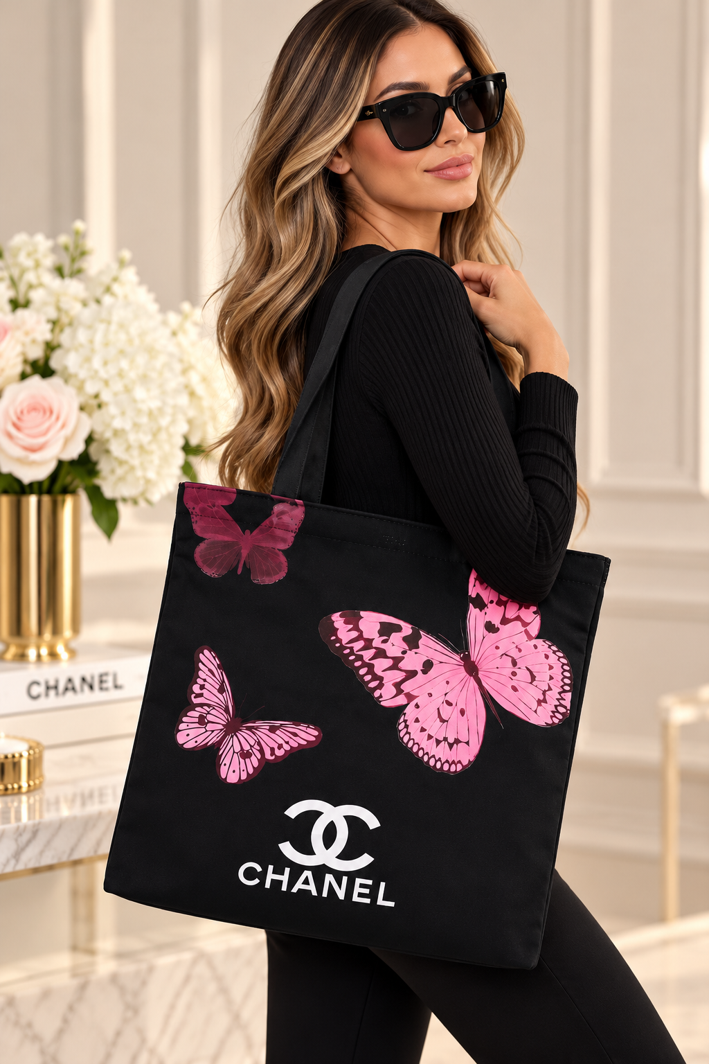 Chanel GWP Black & Pink Butterfly Shoulder Tote Bag | Black Handles