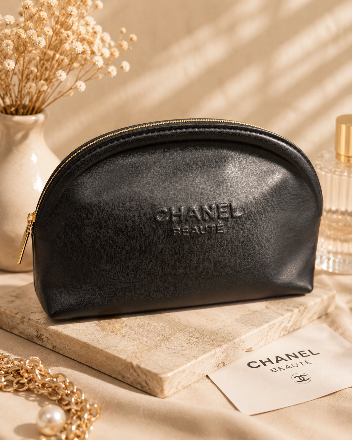 CHANEL BEAUTÉ Black Cosmetic Bag – Soft Faux Leather GWP Makeup Pouch | Gift With Purchase