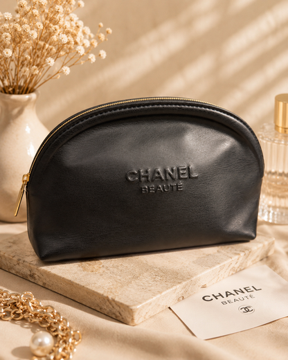CHANEL BEAUTÉ Black Cosmetic Bag – Soft Faux Leather GWP Makeup Pouch | Gift With Purchase