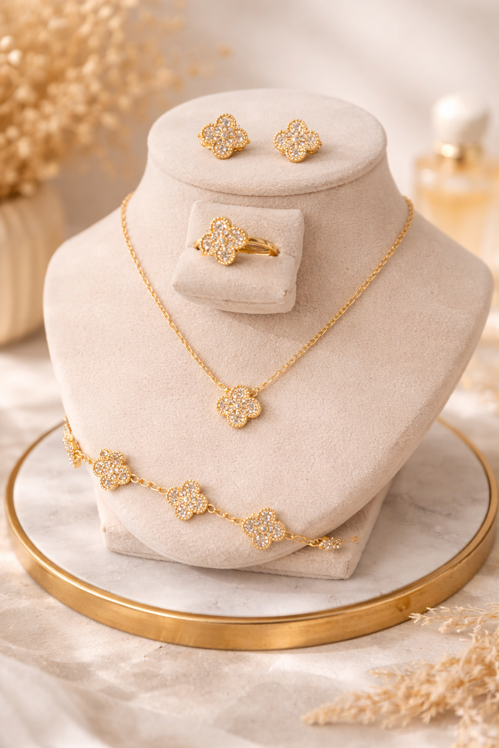 Gold Clover Jewelry Set – 18K Gold Plated Stainless Steel Necklace, Bracelet, Earrings & Adjustable Ring