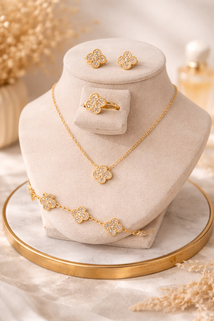Gold Clover Jewelry Set – 18K Gold Plated Stainless Steel Necklace, Bracelet, Earrings & Adjustable Ring