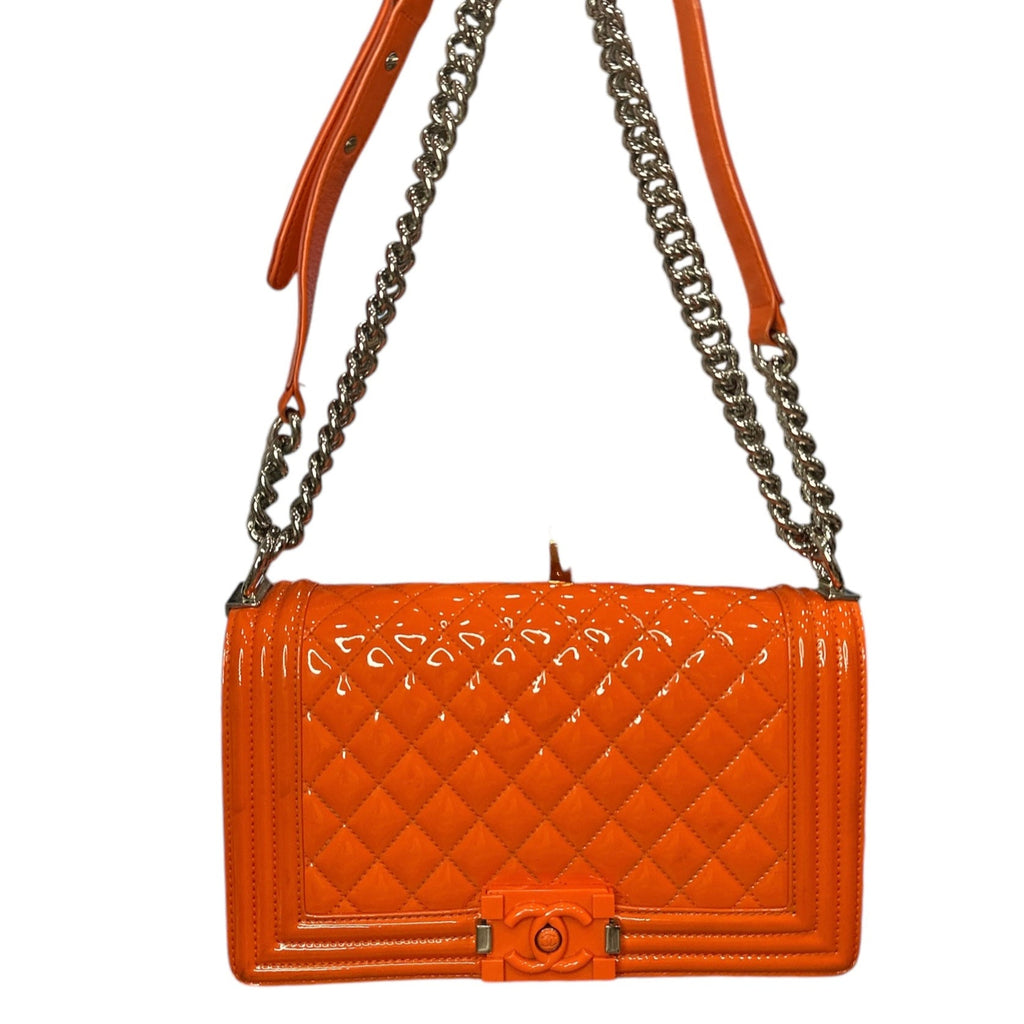 Chanel Patent Calfskin Quilted Medium Plexiglass Boy Flap Orange - Clairely Amazing