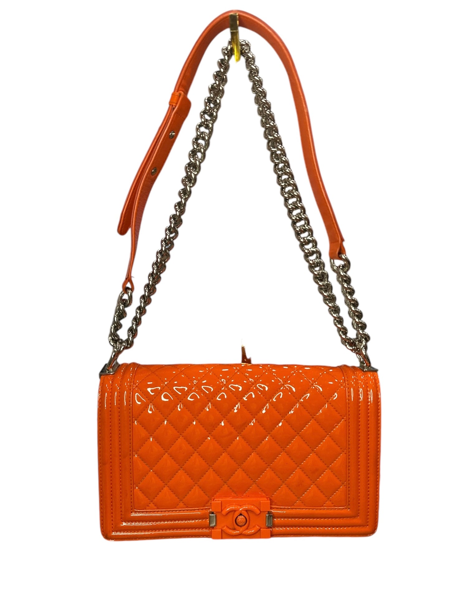 Chanel Patent Calfskin Quilted Medium Plexiglass Boy Flap Orange - Clairely Amazing
