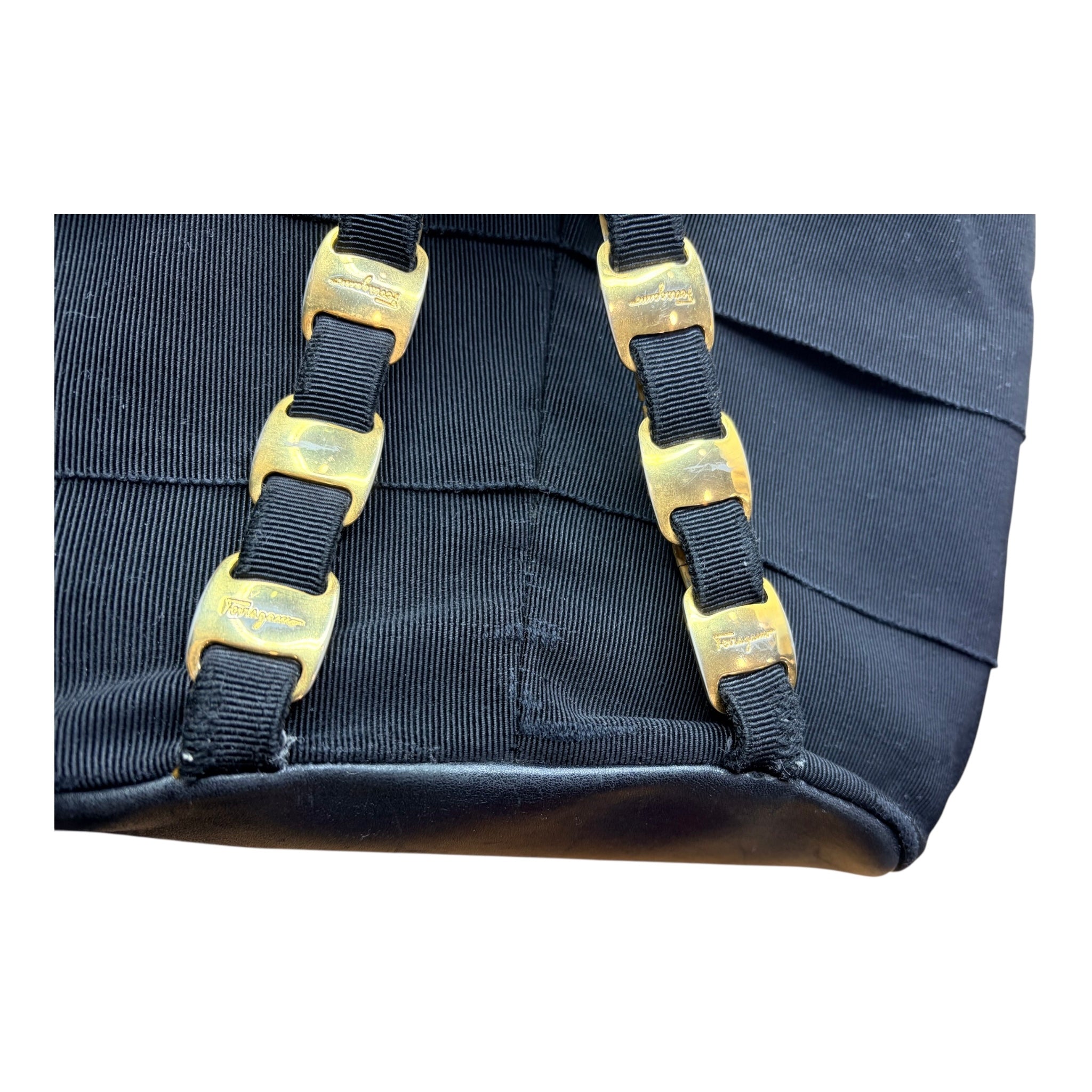 Authentic Salvatore Ferragamo Black Canvas Bucket Backpack Gold Chain