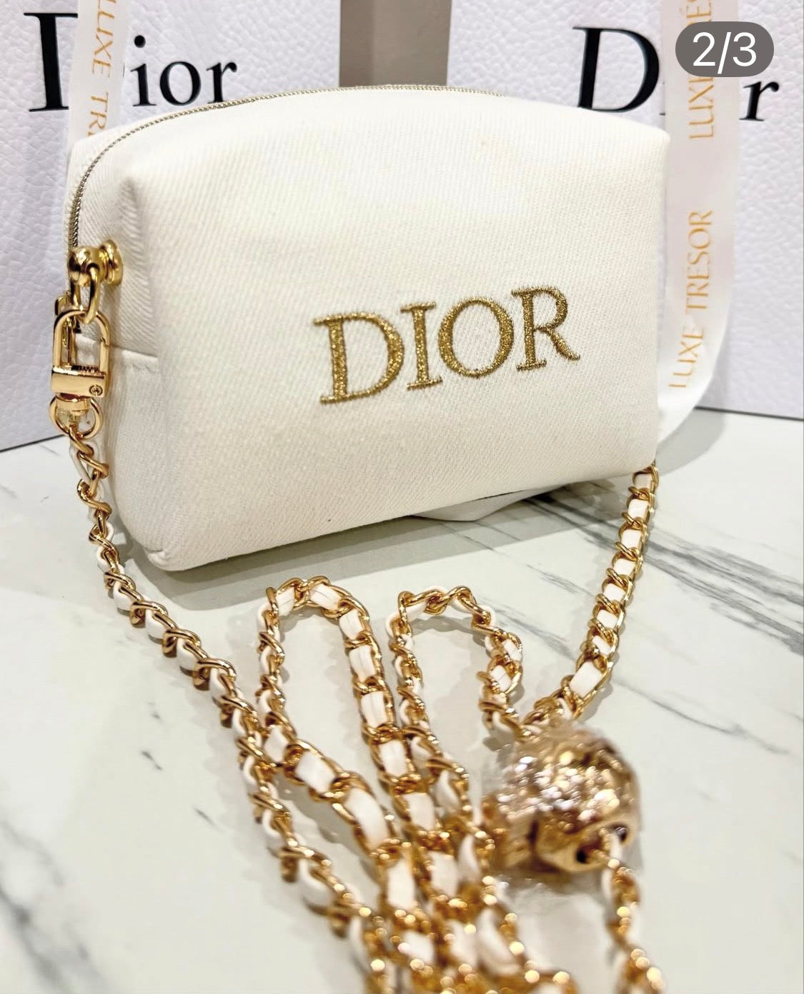 Dior Cosmetic Mini Crossbody – White with Gold Chain