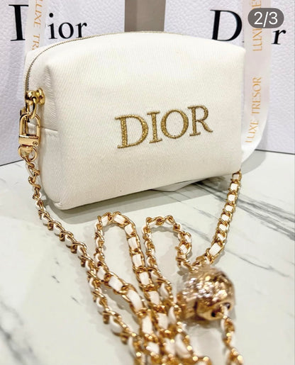 Dior Cosmetic Mini Crossbody – White with Gold Chain