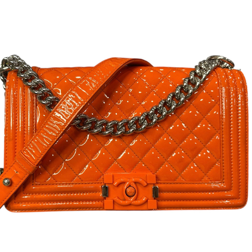 Chanel Patent Calfskin Quilted Medium Plexiglass Boy Flap Orange - Clairely Amazing