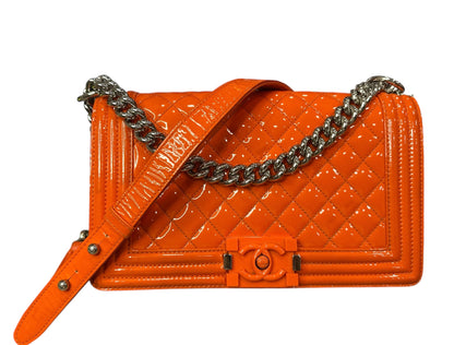 Chanel Patent Calfskin Quilted Medium Plexiglass Boy Flap Orange - Clairely Amazing