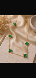 Fashion Green Clover Station Necklace | Green & Gold