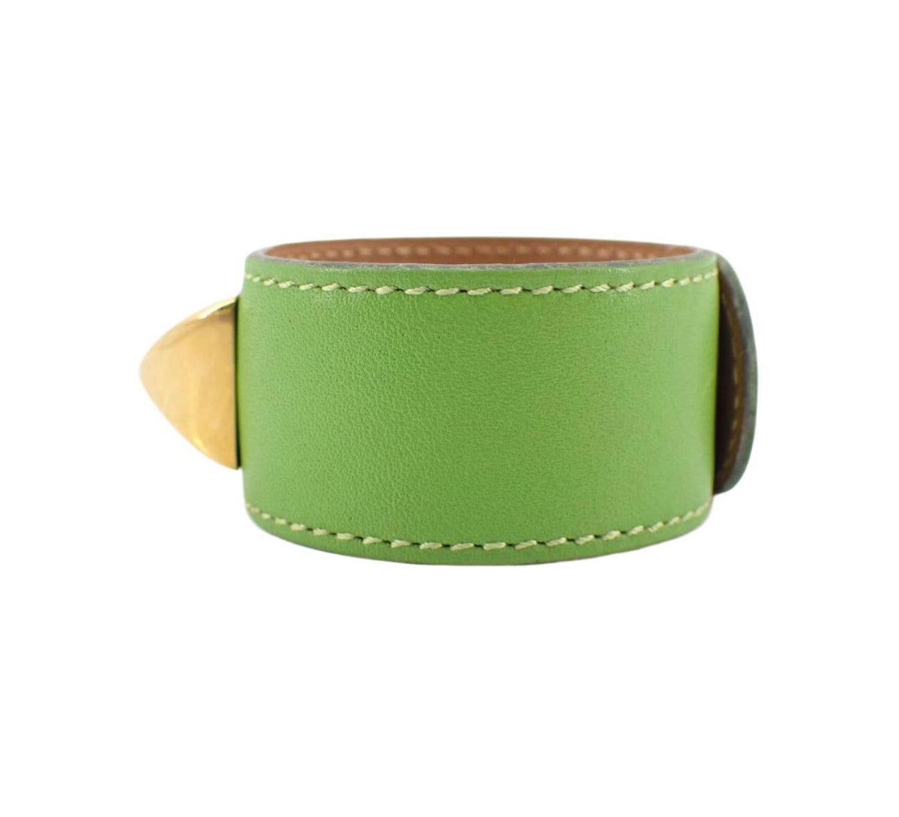Hermes Medor Green Leather Gold Tone Metal Bracelet Bangle - Clairely Amazing