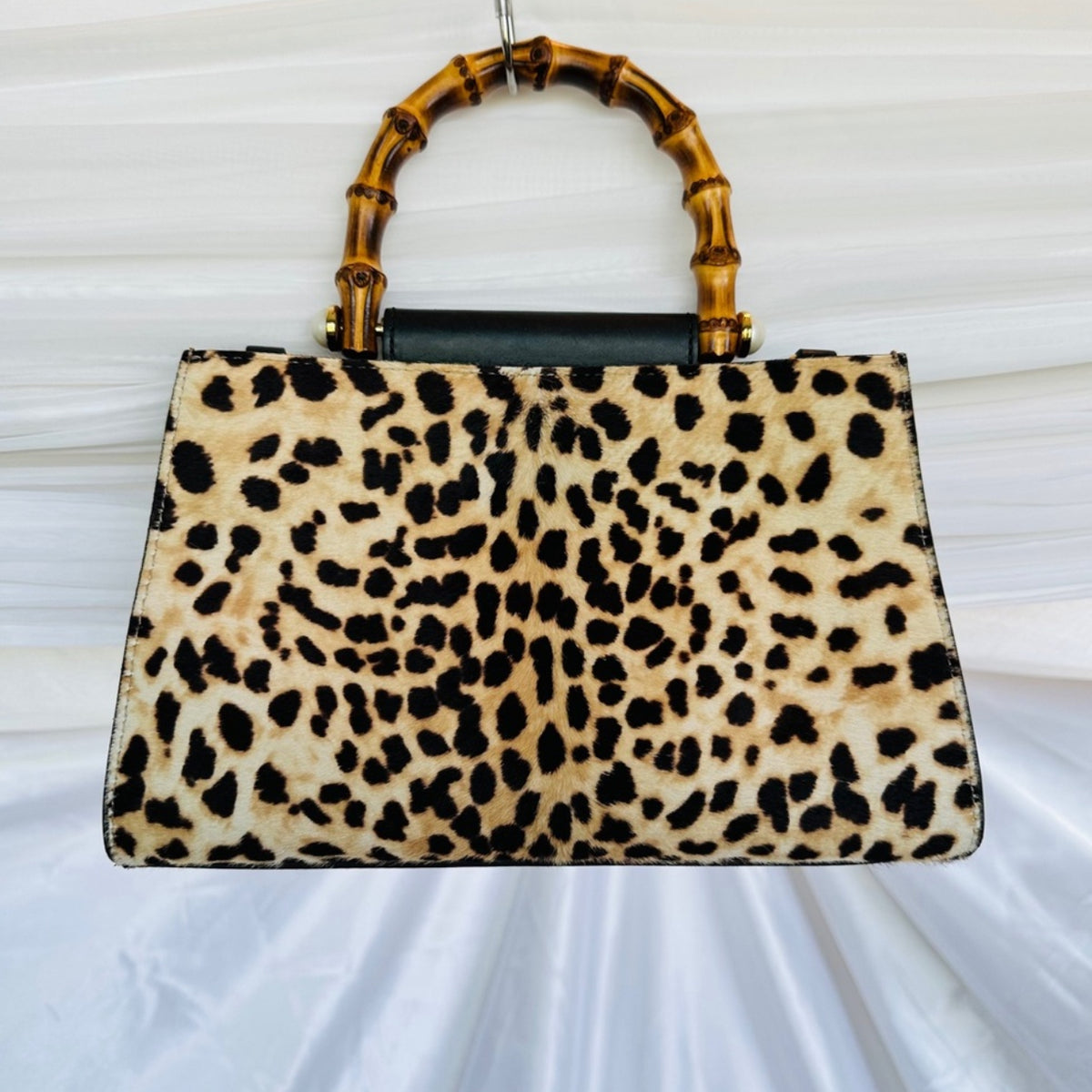 Authentic Gucci Nymphaea Leopard Calf Hair
Bag w/Bamboo Pearl Handles - Clairely Amazing