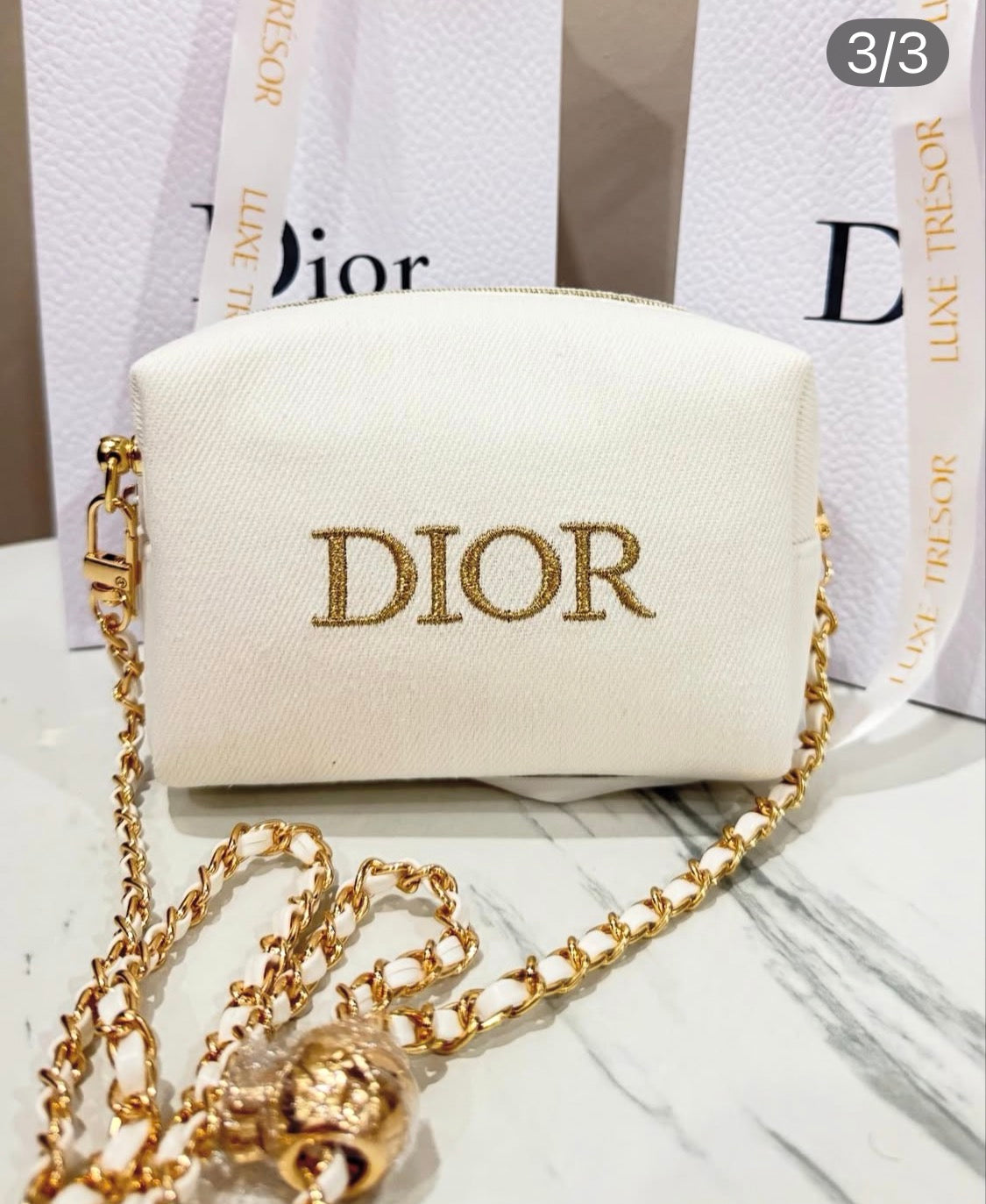 Dior Cosmetic Mini Crossbody – White with Gold Chain