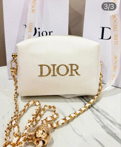 Dior Cosmetic Mini Crossbody – White with Gold Chain