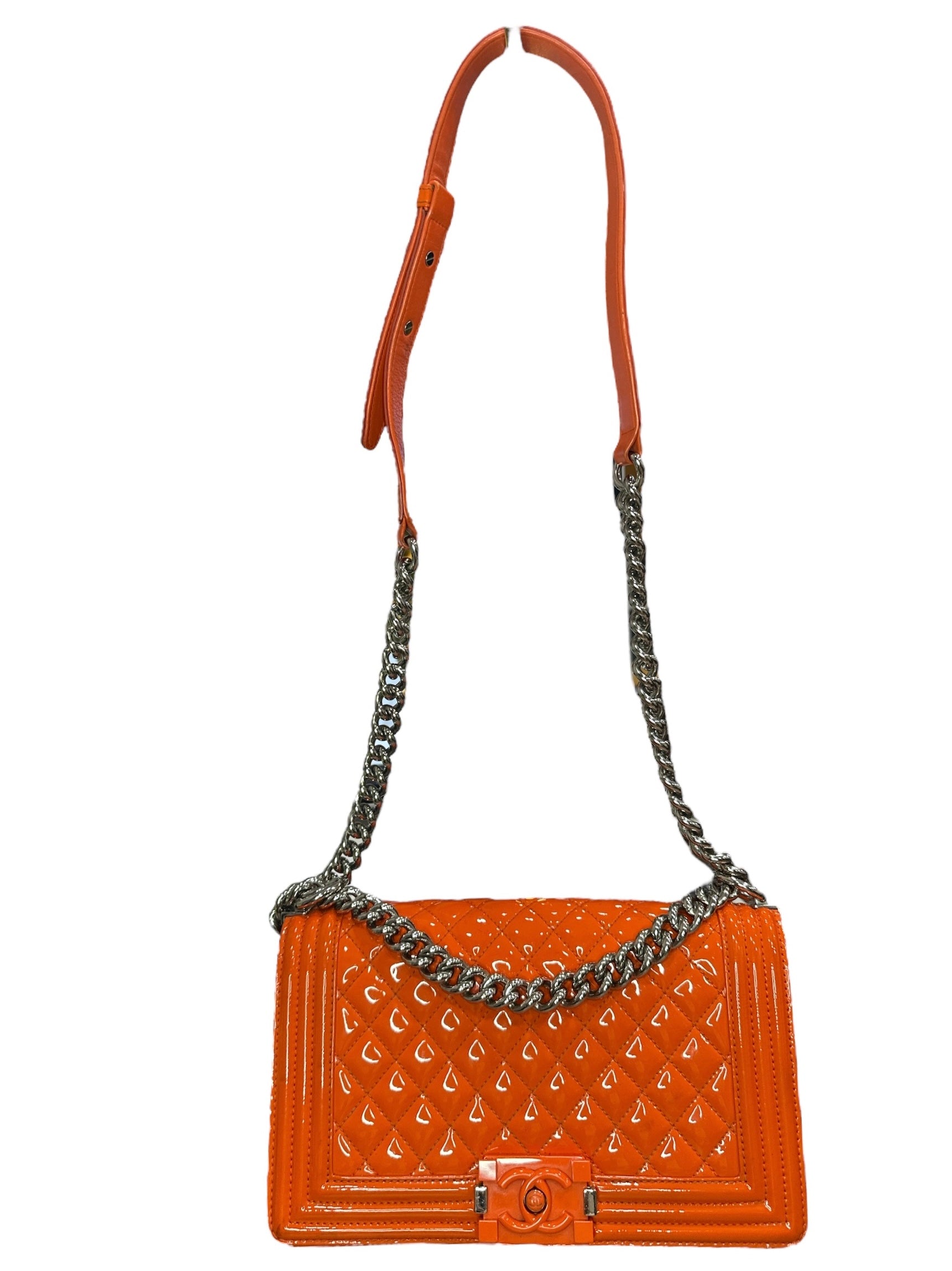 Chanel Patent Calfskin Quilted Medium Plexiglass Boy Flap Orange - Clairely Amazing