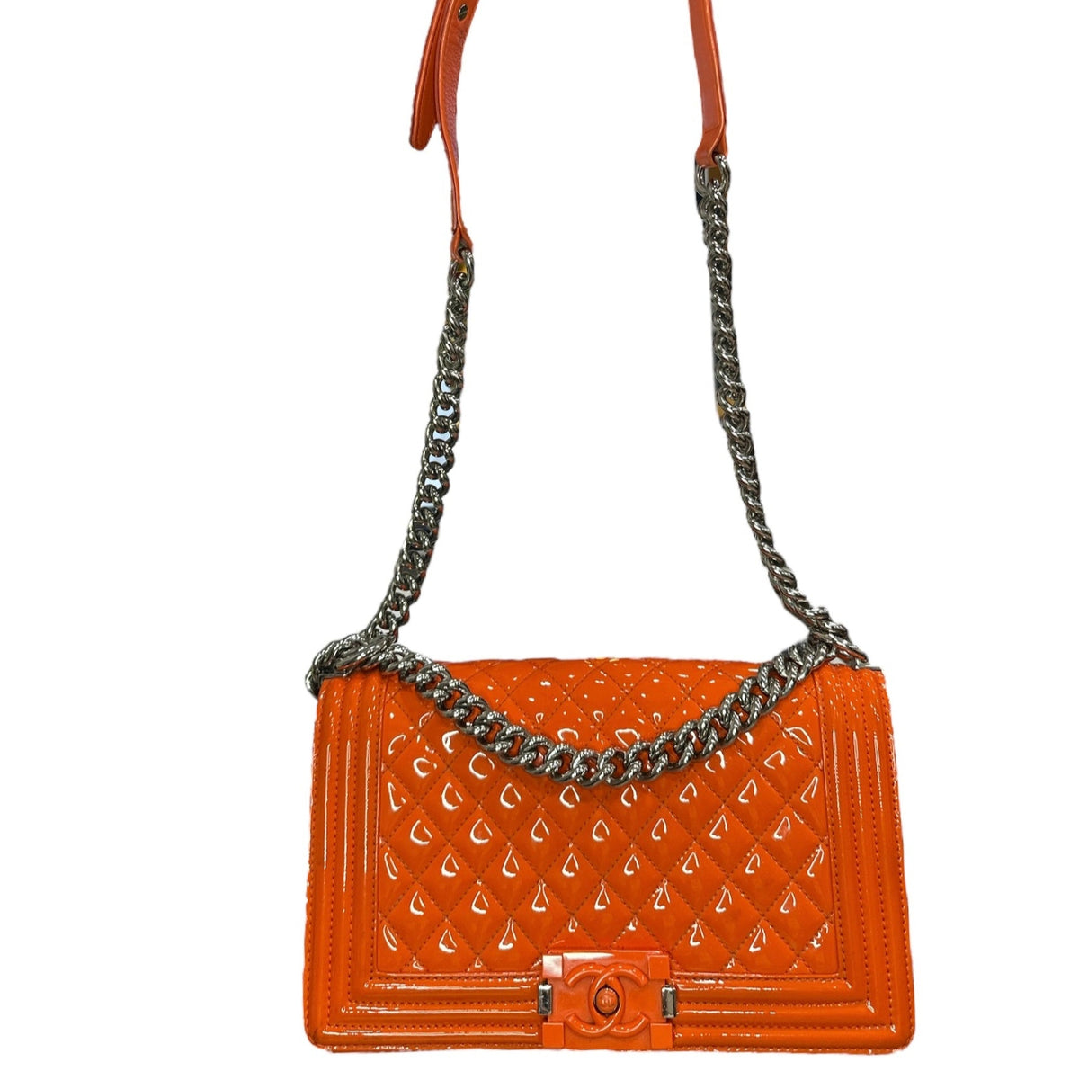 Chanel Patent Calfskin Quilted Medium Plexiglass Boy Flap Orange - Clairely Amazing