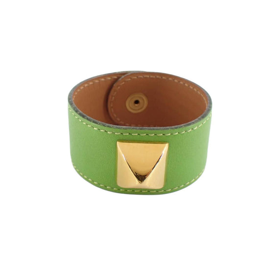 Hermes Medor Green Leather Gold Tone Metal Bracelet Bangle - Clairely Amazing