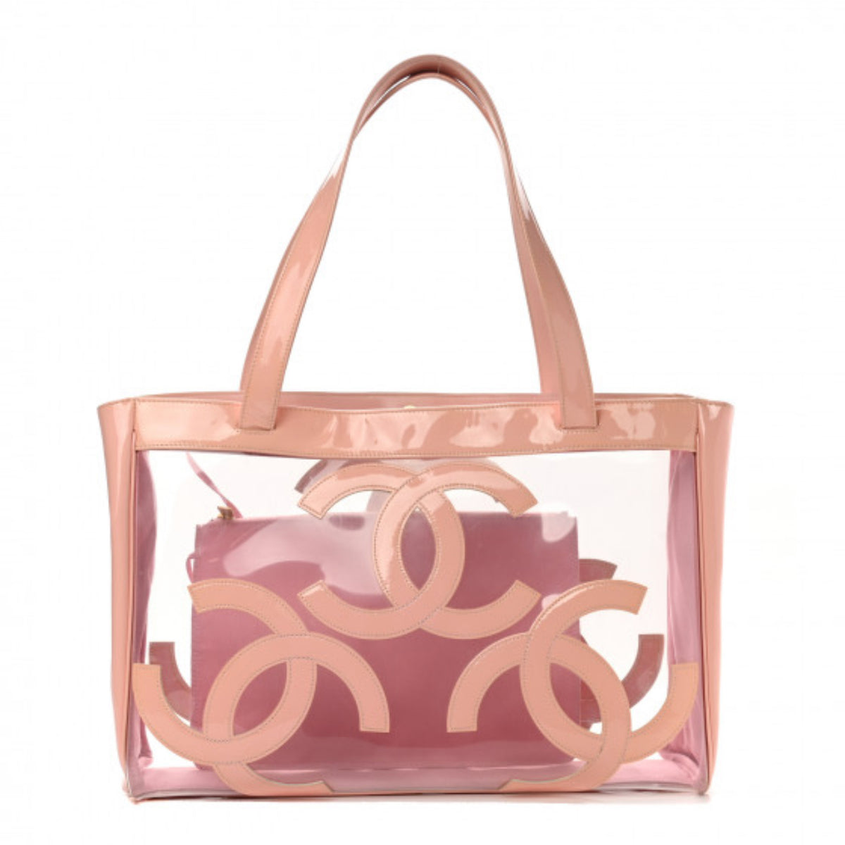 CHANEL 
Vinyl Patent CC Logo Beach Tote Pink - Clairely Amazing
