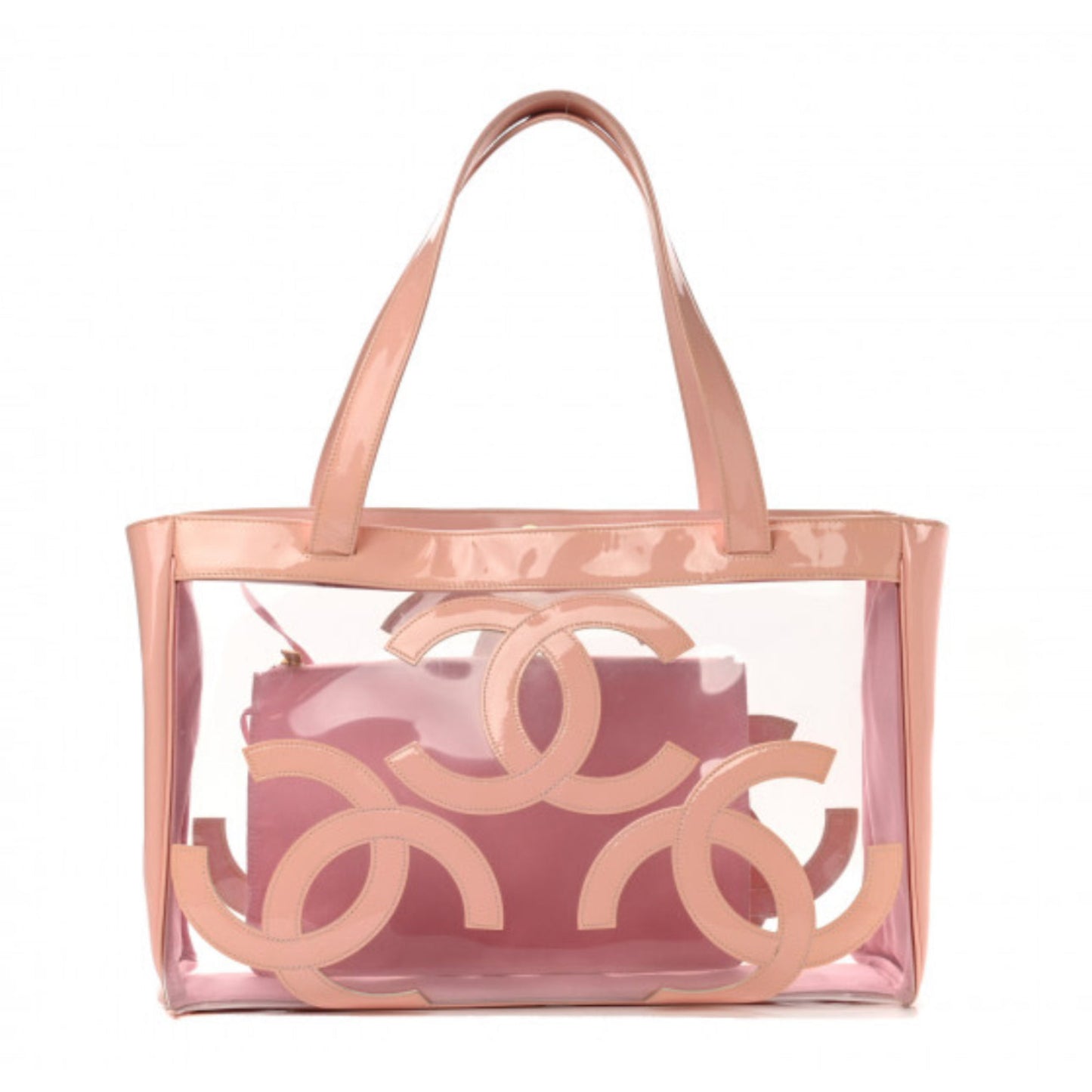 CHANEL 
Vinyl Patent CC Logo Beach Tote Pink - Clairely Amazing
