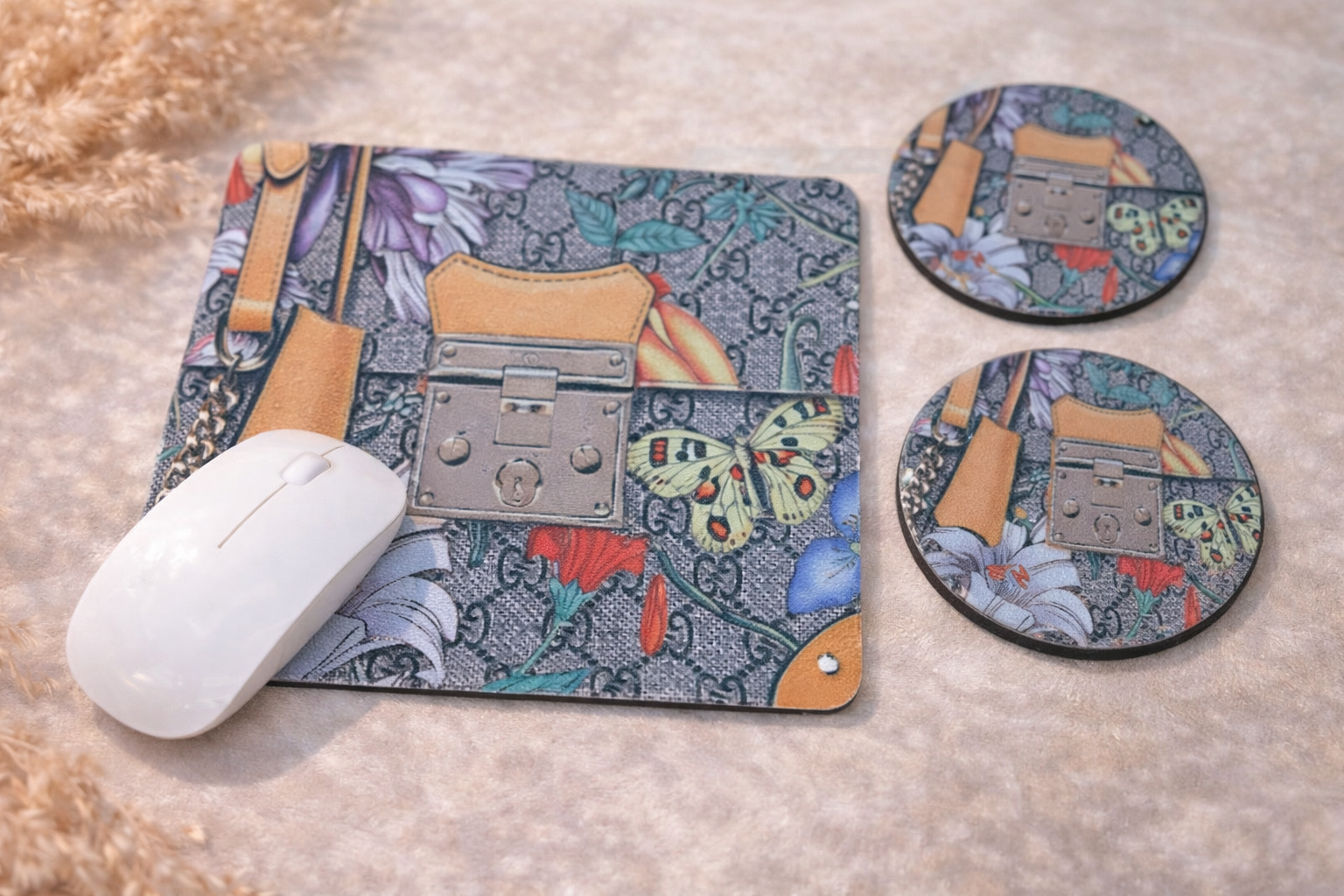 Floral Print Mouse Pad and Coasters Set
