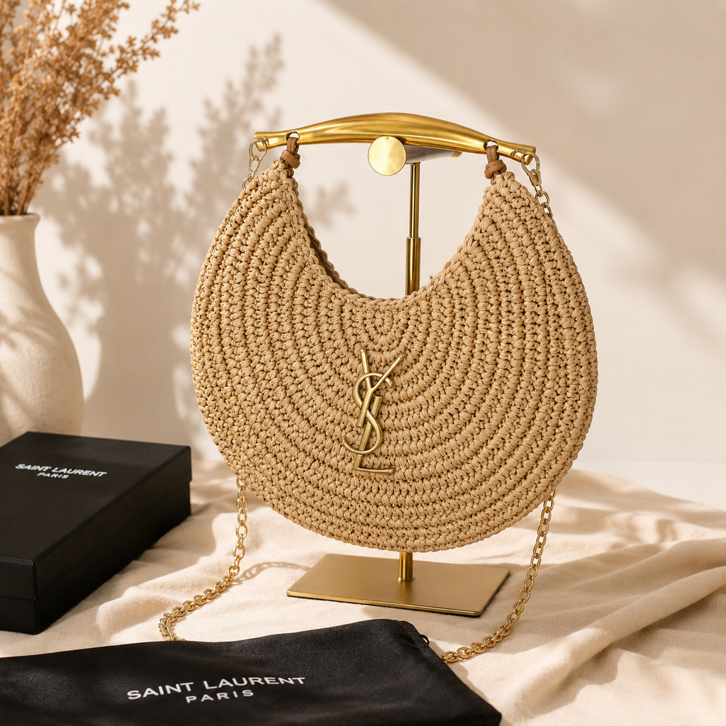 Retro Moonflower Straw Handbag with Gold-Tone Handle & Chain Strap