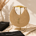 Retro Moonflower Straw Handbag with Gold-Tone Handle & Chain Strap