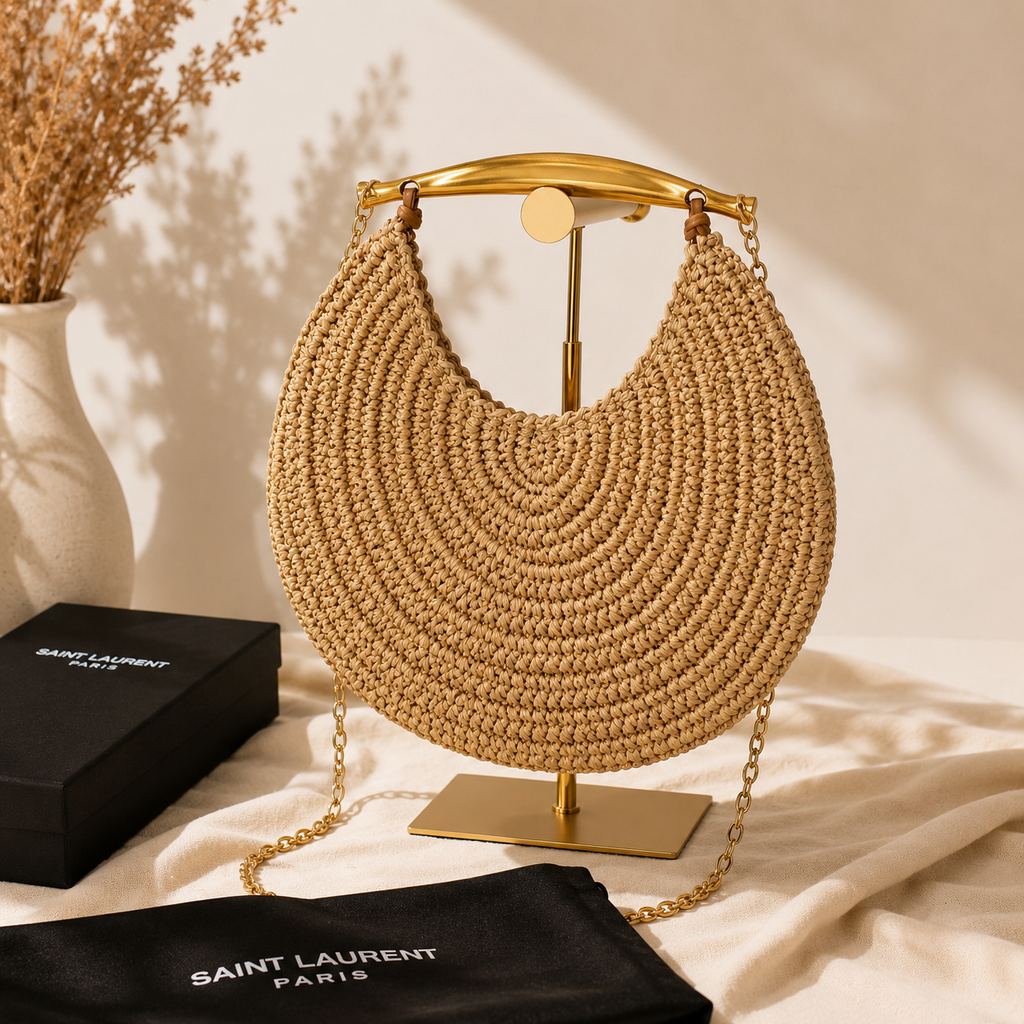 Retro Moonflower Straw Handbag with Gold-Tone Handle & Chain Strap