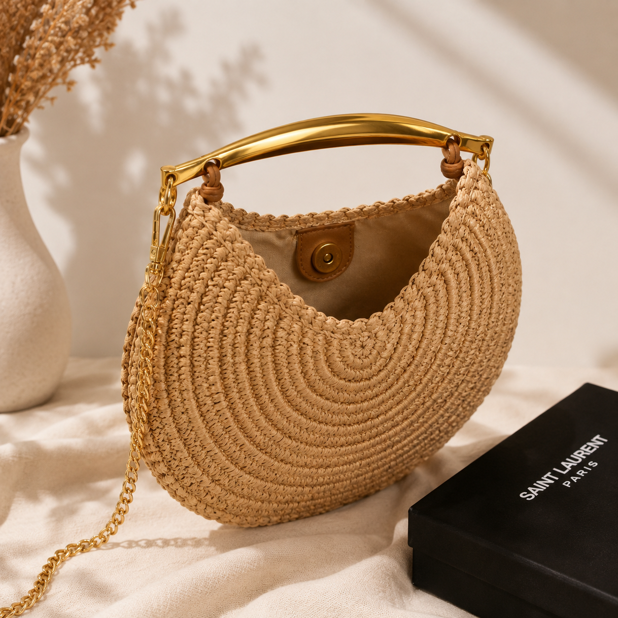 Retro Moonflower Straw Handbag with Gold-Tone Handle & Chain Strap